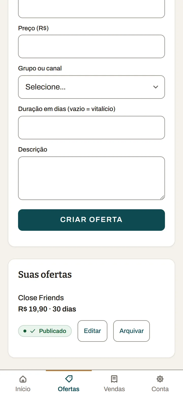 Print real: a oferta criada no painel, com preço e duração